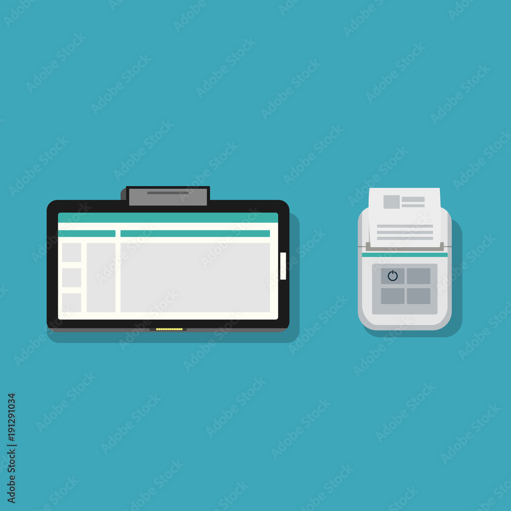 Flat tablet and mini printer with paper design vector illustration.New device technology concept. Flat tablet and mini printer with paper design vector illustration.New device technology concept.