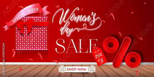 Womens day sale 25% Off banner template for social media advertising, invitation or poster design. Vector illustration. Special offer Background for women's day celebration.