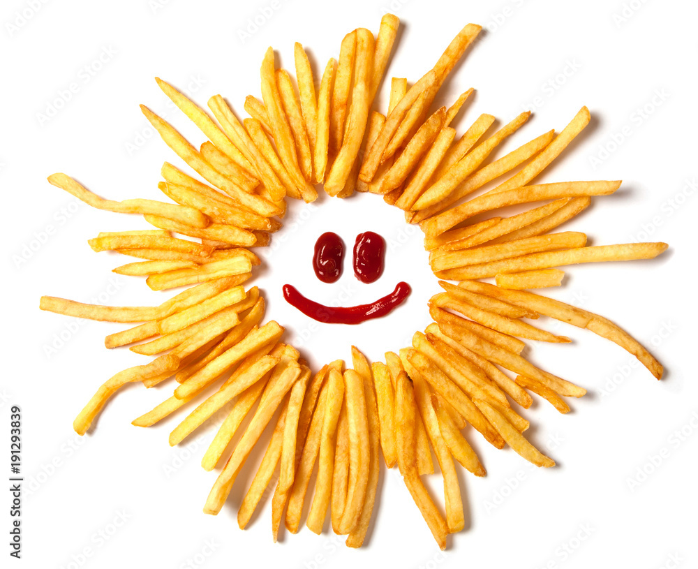 Smiling sun with rays. French fries in the form of the and a face with a smile from ketchup isolated on white background