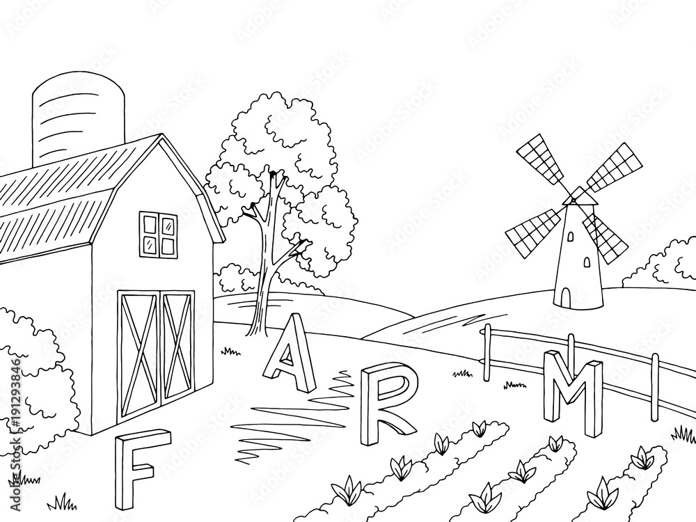Farm field graphic black white landscape sketch illustration vector