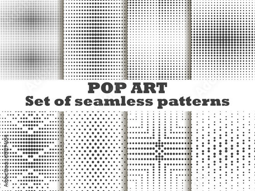 Dotted, Pop Art seamless pattern set. Halftone dots background. Black and white color. Vector illustration photo