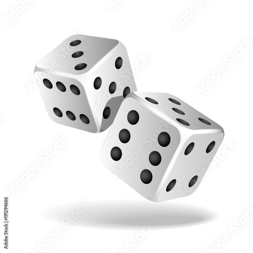 Two white falling dice isolated on white
