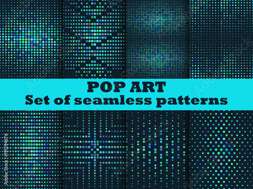 Halftone seamless pattern set. dots background. Dotted, dots background.  Shades of blue. Vector illustration