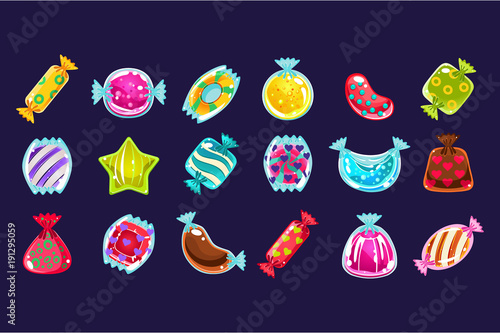 Collection of various colorful candies in glossy wrapper. Flat vector design for computer or mobile game. Cartoon sweet elements for gaming interface