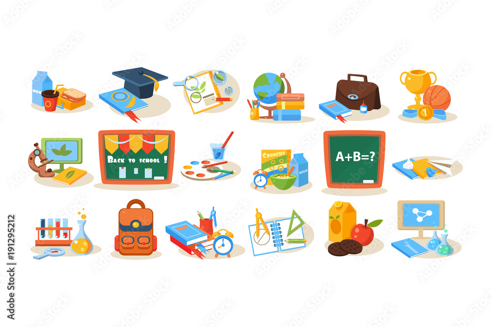 Colorful school objects for education concept. Chalkboard, lunch, books, pens, paints, microscope, globe, trophy, backpack, computers, flasks, magnifying glass. Flat vector