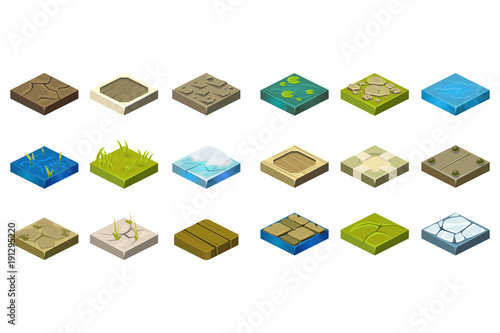 Cartoon set of isometric landscape tiles with different surfaces. Grass, ground, water, bog, stone, ice, dirt, wood. Elements for creating path. Flat vector for mobile game