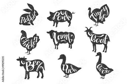 Vintage vector labels with silhouettes of farm animals with lettering. Rabbit, pork, turkey, chicken, lamb, goat, beef, duck, goose. Monochrome emblems for butcher shop