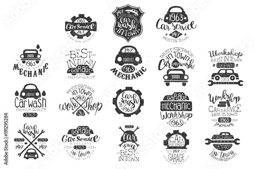 Vector set of vintage car emblems with hand lettering. Stylish monochrome labels. Typographic design for auto repair service or car wash. Textured grunge logo