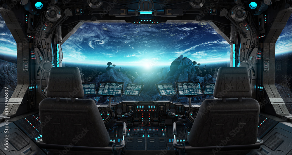 Naklejka premium Statek kosmiczny grunge wnętrze z widokiem na planety ziemi