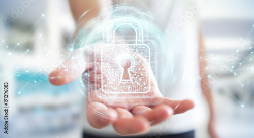 Businessman using digital padlock with data protection 3D rendering photo