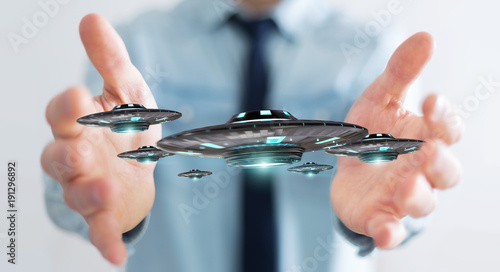Fototapeta Naklejka Na Ścianę i Meble -  Businessman with retro UFO spaceship 3D rendering