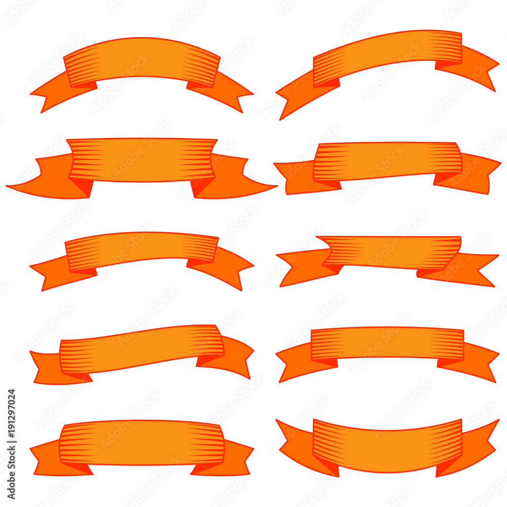 Set of ten orange ribbons and banners for web design. Great design element isolated on white background. Vector illustration.
