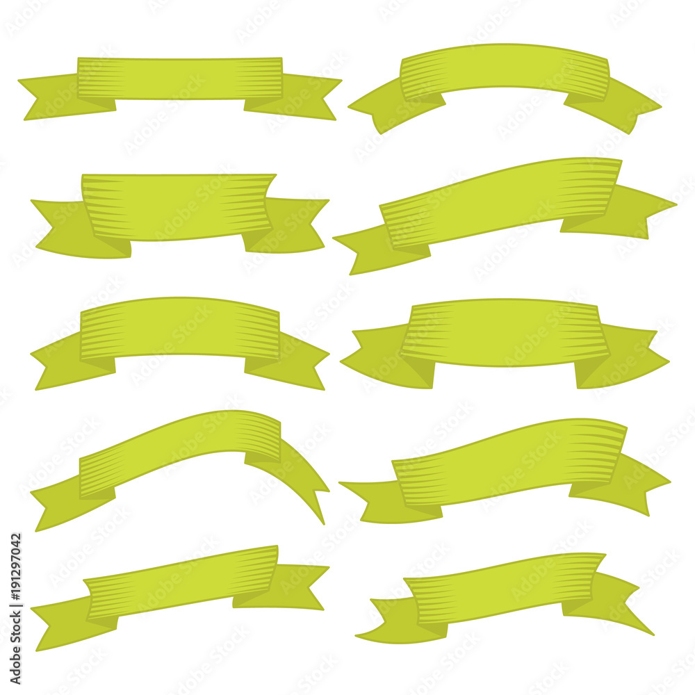 Set of ten yellow ribbons and banners for web design. Great design element isolated on white background. Vector illustration.
