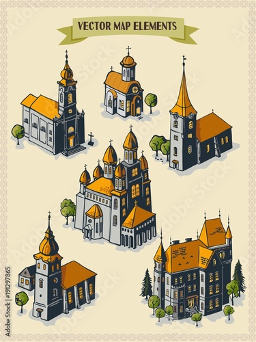 Vector map elements, colorful, hand draw - settlement, church, temple, castle