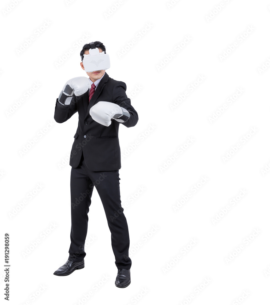 Fototapeta premium Innovation in business.Businessman with mitt in virtual reality headset Prepare to fight isolated on white background.