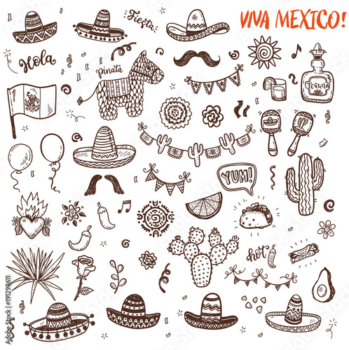 Hand drawn doodles set for Mexican party, Independence day, Cinco de Mayo celebration. Vector elements collection for your design.