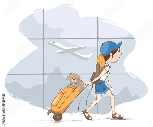 Traveling with pets / A young woman with a suitcase at the airport, vector illustration