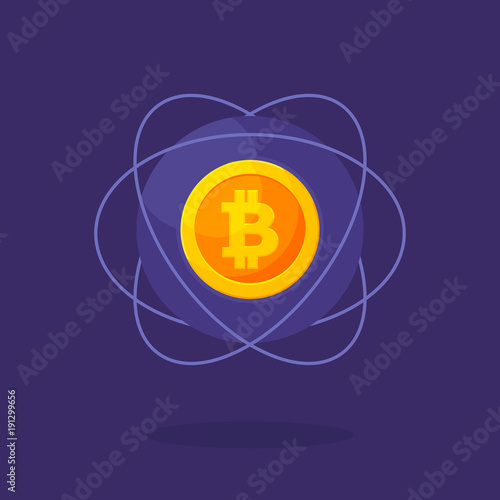 Vector gold icon of bitcoin in flat style isolated on blue background. Design element can be used for financial illustration, poster, promotion, t-shirt print, wallpaper