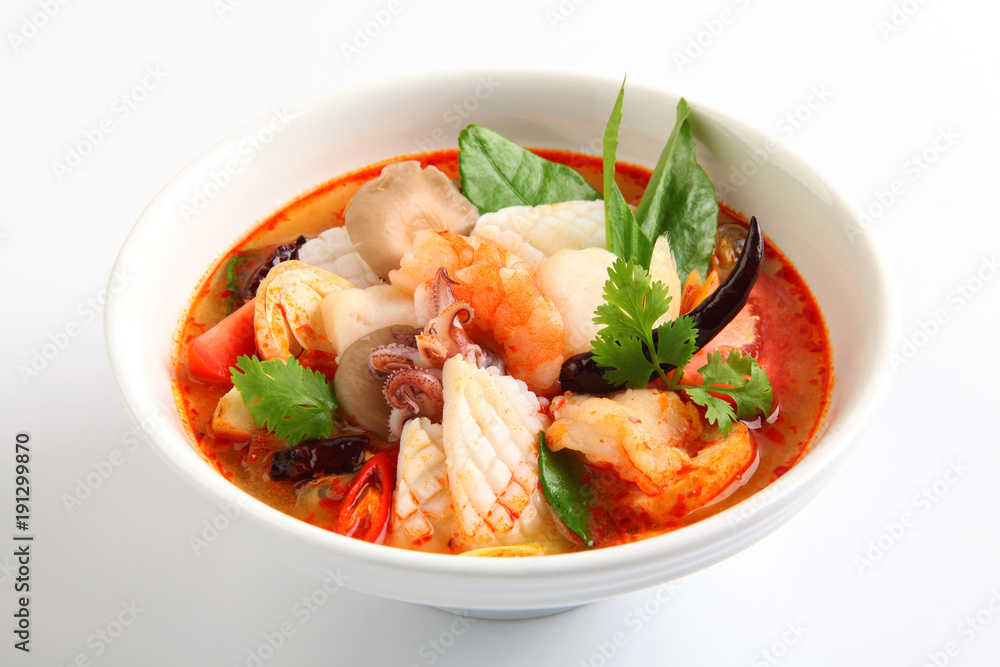 Tom Yum Goong spicy soup on white background, Thai Food Tom Yum Goong spicy soup on white background, Thai Food