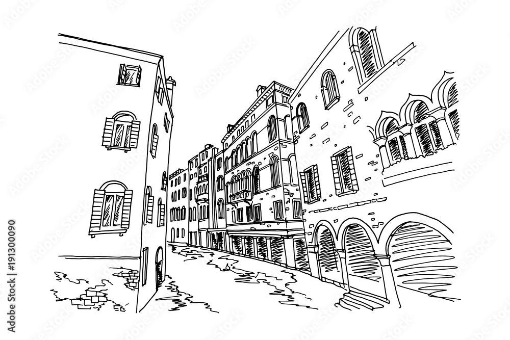 Vector sketch of scene in Venice with channel