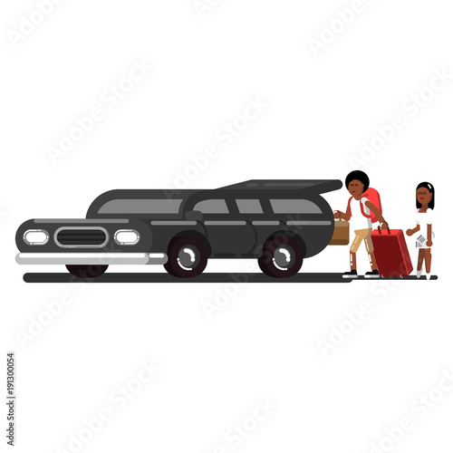 Black couple loads suitcases into the car