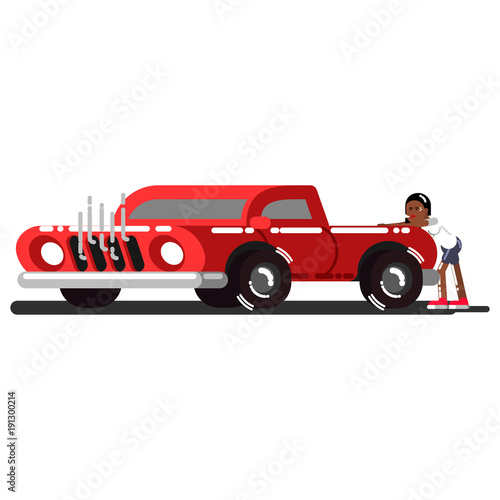 Black girl pushes the broken car