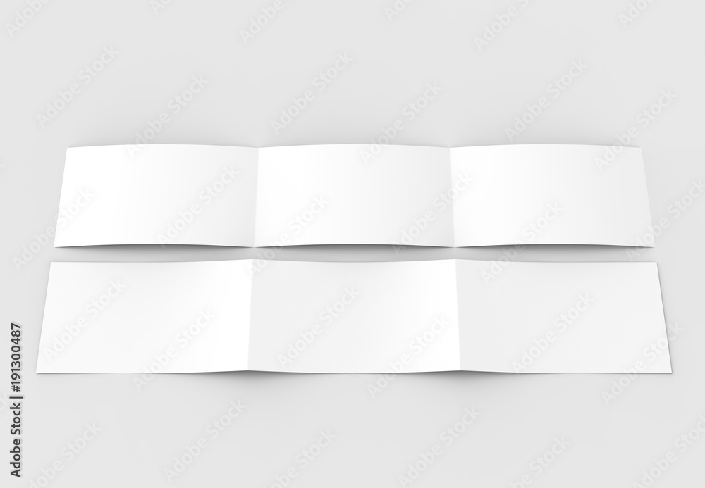 Template of blank three fold horizontal - landscape brochure mock up isolated on soft gray background. 3D illustrating.. 3D illustrating. Template of blank three fold horizontal - landscape brochure mock up isolated on soft gray background. 3D illustrating.. 3D illustrating.
