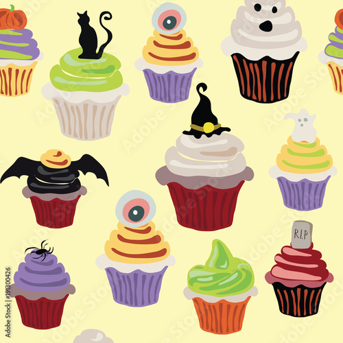 Halloween Cupcake vector illustration bright colorful pattern