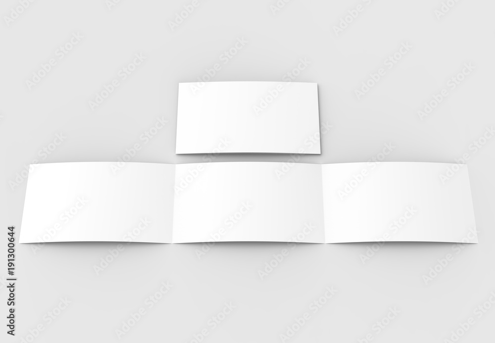 Template of blank three fold horizontal - landscape brochure mock up isolated on soft gray background. 3D illustrating.. 3D illustrating. Template of blank three fold horizontal - landscape brochure mock up isolated on soft gray background. 3D illustrating.. 3D illustrating.