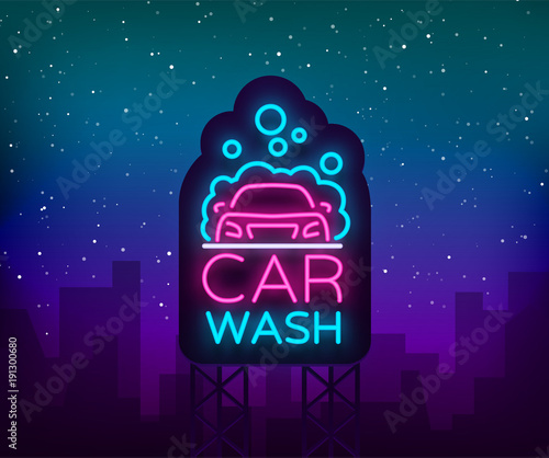 Car wash logo vector design in neon style vector illustration isolated. Template, concept, luminous signboard icon on a car wash theme. Luminous banner
