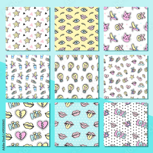 Fashionable vector patches seamless patterns backgrounds set