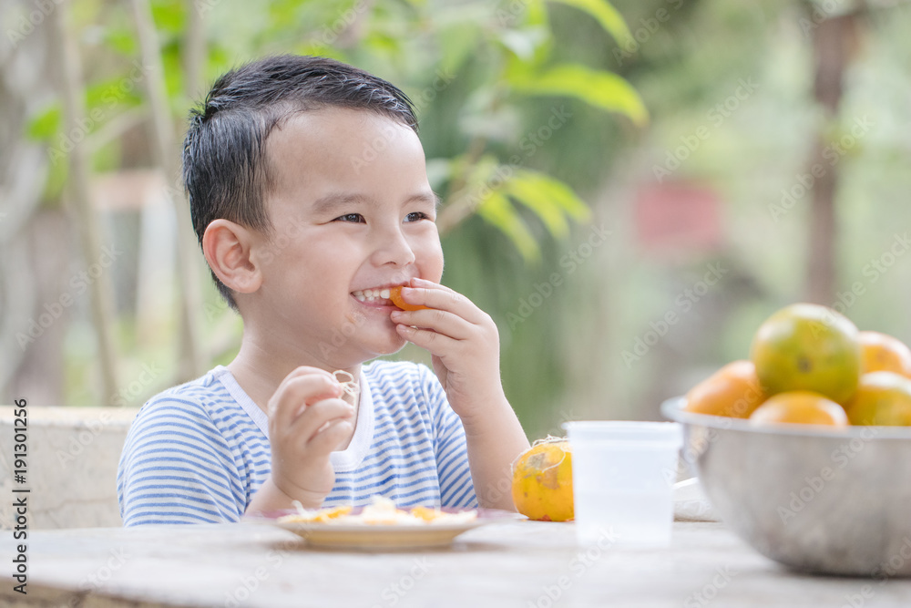 Portrait cute boy eating oranges on hands and sits in the garden. Vitamin C get healthy skin and excretion. He has white skin and handsome. Soft focus and copy space. Portrait cute boy eating oranges on hands and sits in the garden. Vitamin C get healthy skin and excretion. He has white skin and handsome. Soft focus and copy space.