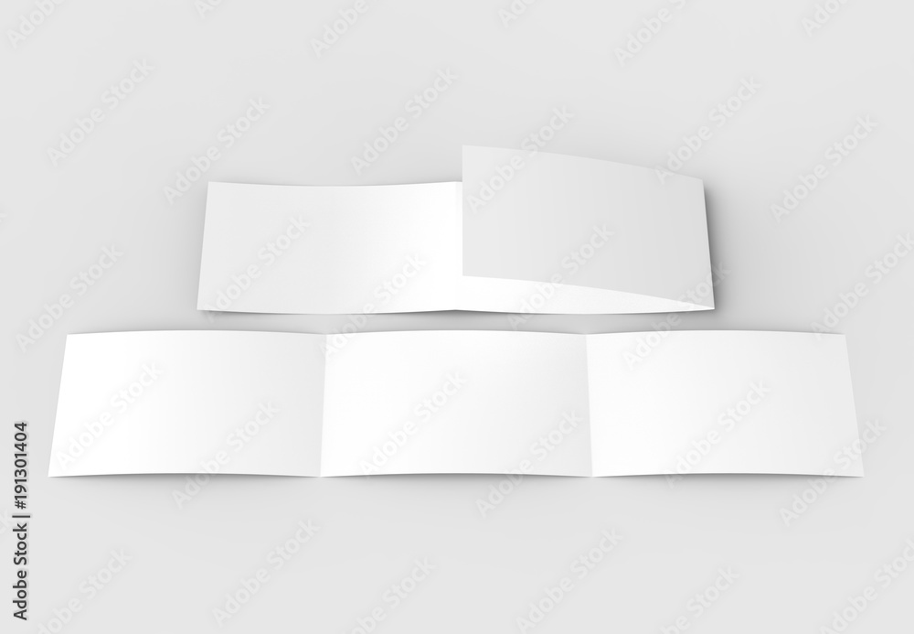 Template of blank three fold horizontal - landscape brochure mock up isolated on soft gray background. 3D illustrating.. 3D illustrating. Template of blank three fold horizontal - landscape brochure mock up isolated on soft gray background. 3D illustrating.. 3D illustrating.