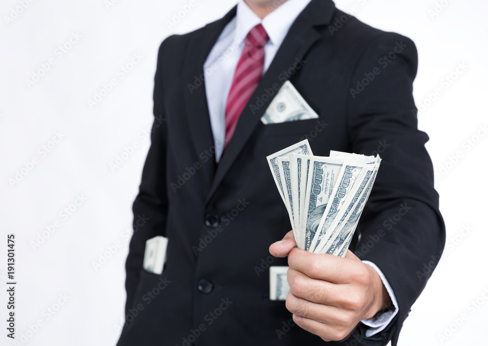 Businessman with money on handful. Businessman with money on handful.