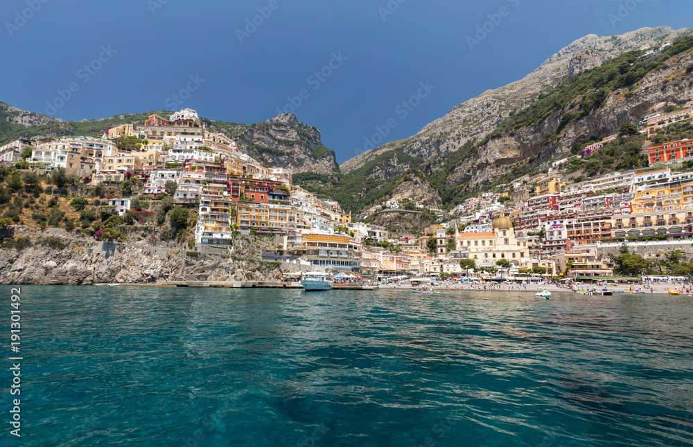  Positano seen from the sea on Amalfi Coast in the region Campania, Italy