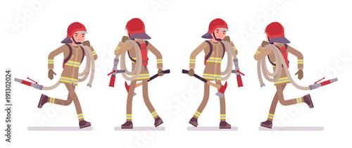 Young male firefighter running with hose