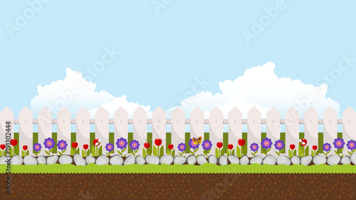 Beautiful Flower Bed Vector Illustration. Flowering Garden in Spring. Landscape Background.