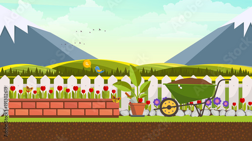 Beautiful Flower Bed Vector Illustration. Flowering Garden in Spring. Landscape Background.