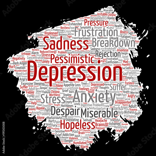 Vector conceptual depression or mental emotional disorder problem paint brush or paper word cloud isolated background. Collage of anxiety sadness  negative sad  despair  unhappy  frustration symptom
