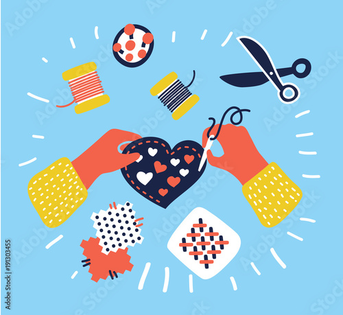 Hobby and crafts banner, people working on sewing, hands top view