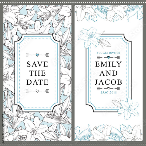 Set of two vertical wedding invitation designs with beautiful hand-drawn white lily flowers, vector illustration. Save the date, wedding invitation templates with white lily flowers and place for text