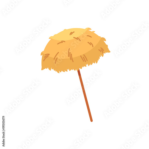 Hawaiian thatch tiki umbrella, sunshade, symbol of beach vacation, flat cartoon vector illustration isolated on white background. Cartoon thatch tiki umbrella for relaxation on the beach