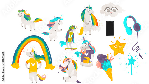 Vector cartoon unicorns, magic objects set. Unicorns, walking puking rainbow, eating doughnut, skateboarding, playing with magic wand. Cloud, star with face emotions, headphones, smartphone, ice cream