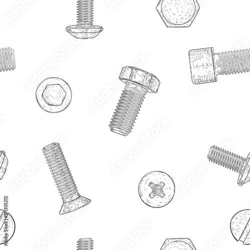 Bolts and screws. Hand drawn sketch as seamless pattern