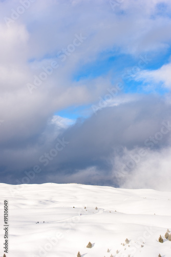 Dolomites. Winter views in the fog and low clouds