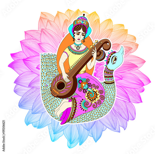 Indian goddess Saraswati playing on veena astride a swan