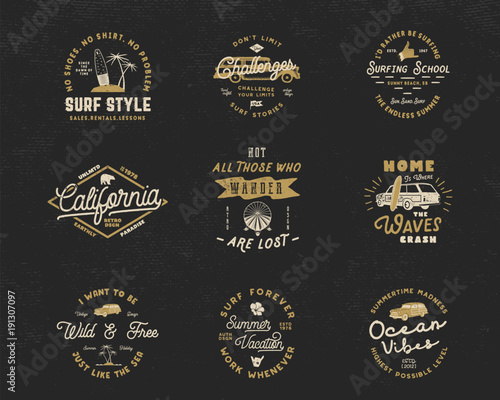 Vintage Surfing Graphics and Emblems set for web design or print. Surfer logo templates. Surf Badges. Summer fun typography insignia collection. Stock Vector hipster party patches, isolated on dark