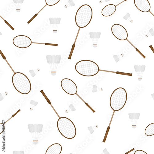 Vector illustration of badminton racket and shuttlecock isolated in white background. Seamless pattern with sport equipment.