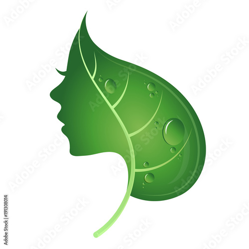 Face of woman and green leaf