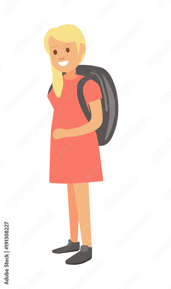 Blonde girl in pink dress with heavy backpack